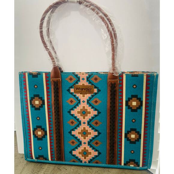 Wrangler Dark Turquoise Southwestern Canvas Large Tote *NEW in Package* - Picture 2 of 7